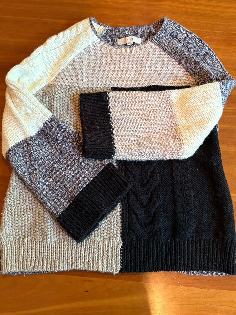 LOFT Colorblock Cable-Knit Crewneck Sweater